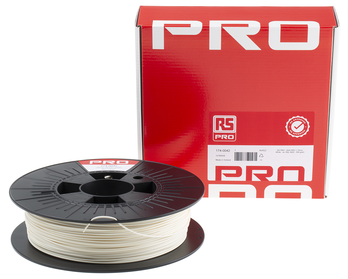 174-0042 RS PRO 1.75 mm White ASA 3D Printer Filament, 500 g