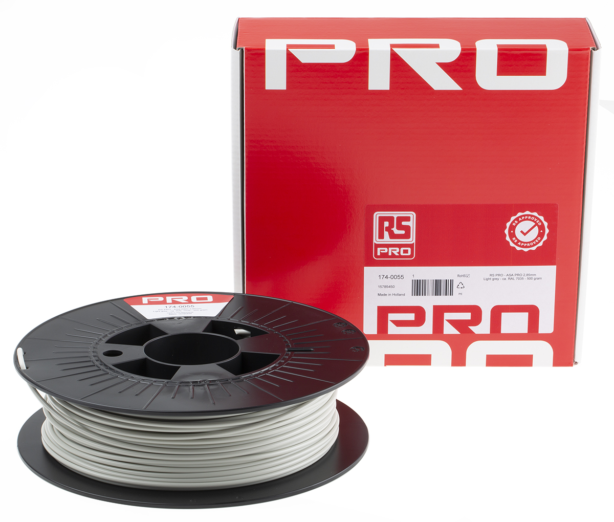 174-0055 RS PRO 2.85 mm Light Grey ASA 3D Printer Filament, 500 g