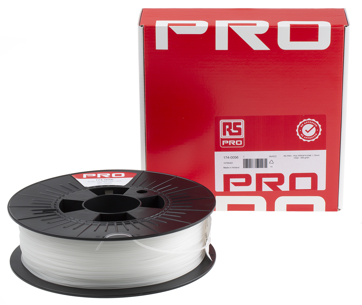 174-0056 RS PRO 1.75 mm Transparent Polypropylene 3D Printer Filament, 500 g
