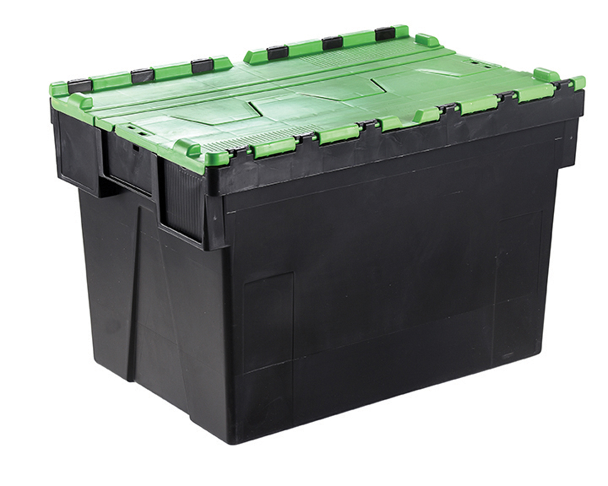 RS PRO 56L Green Polypropylene Attached Lid Container, 600 mm x 400mm x 310 mm