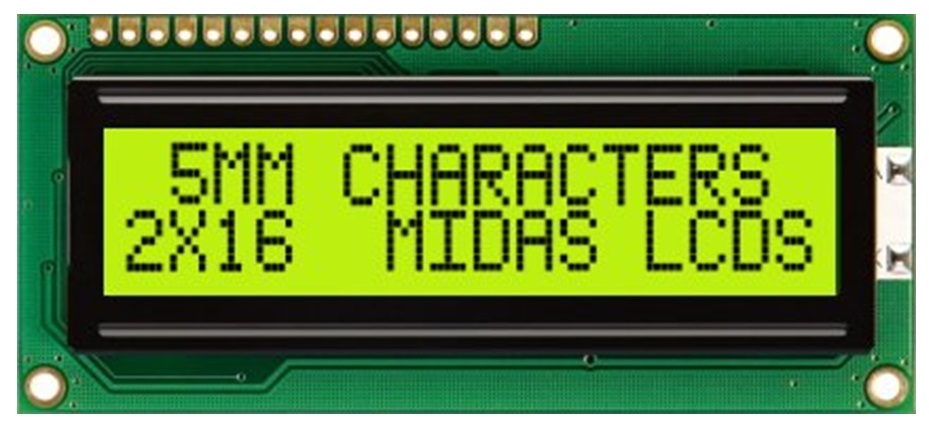 Midas MC21605C6W-SPR-V2 MC21605C6W Alphanumeric LCD Display, Black on Yellow/Green, 2 Rows by 16 Characters, Reflective
