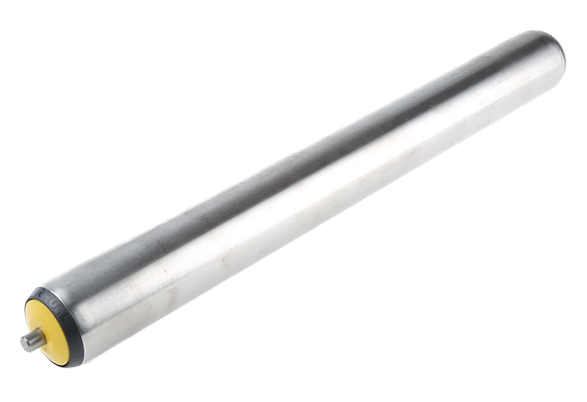 Interroll Stainless Steel Round Conveyor Roller Spring Loaded 50 mm Dia. x 450 mm L, Stainless Steel, 10 mm Spindle,