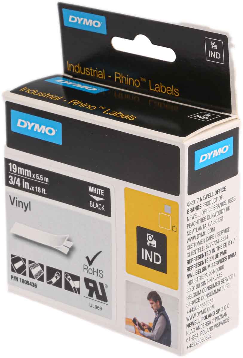 1805436 Dymo White on Black Label Printer Tape, 5.48 m Length, 19 mm Width