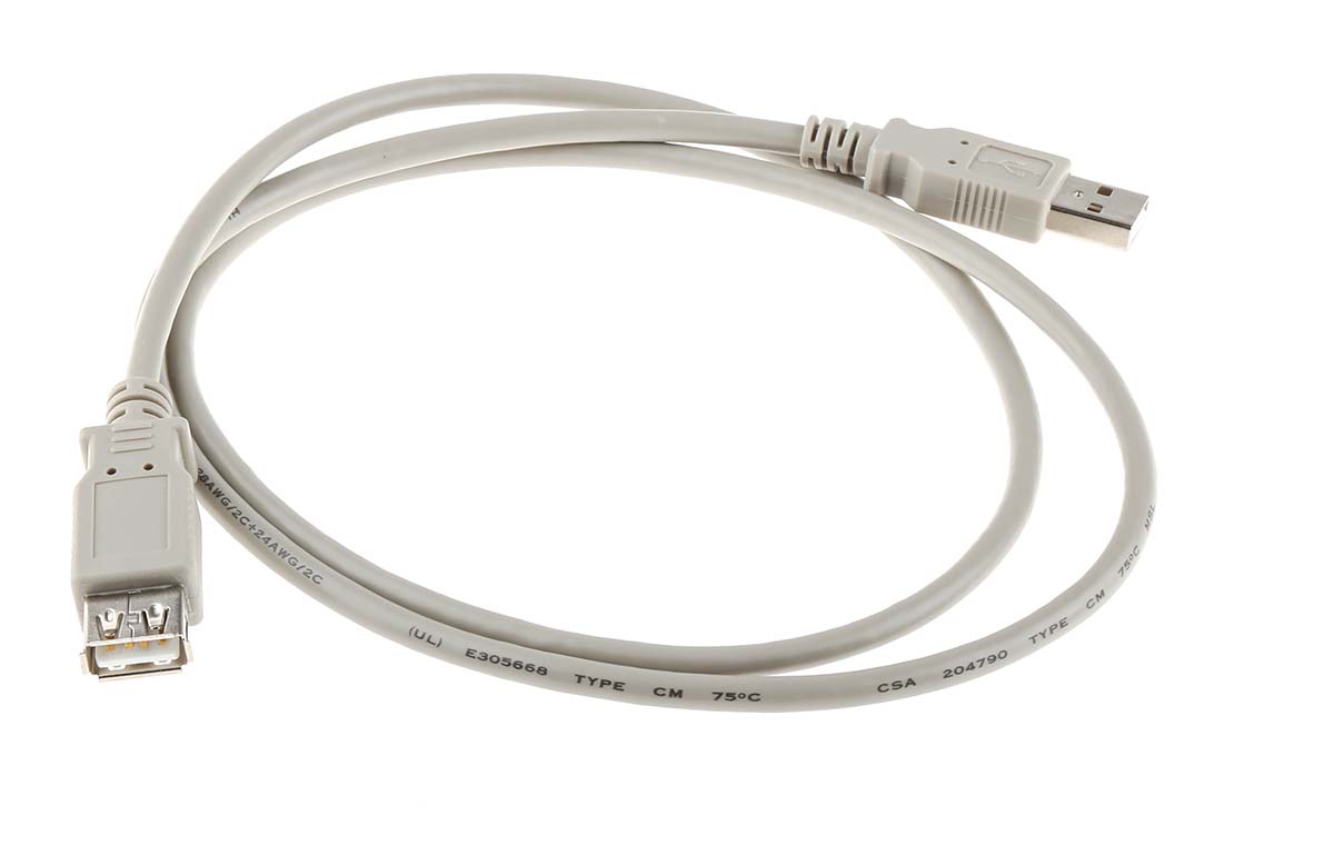 182-8830 RS PRO IC Socket USB Cable, Male USB Type A to Female, USB 2.0 USB Type A, Grey, 1 m