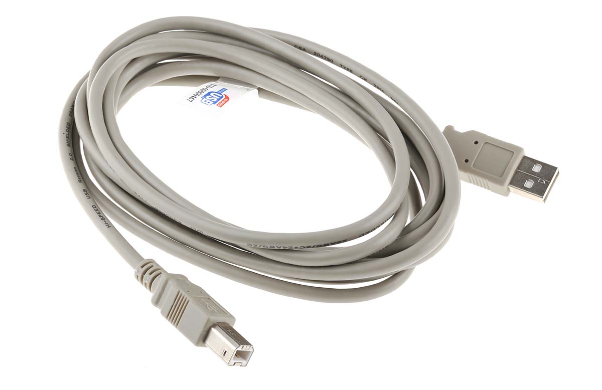 182-8833 RS PRO IC Socket USB Cable, Male USB Type A to Male, USB 2.0 USB B, Grey, 3 m