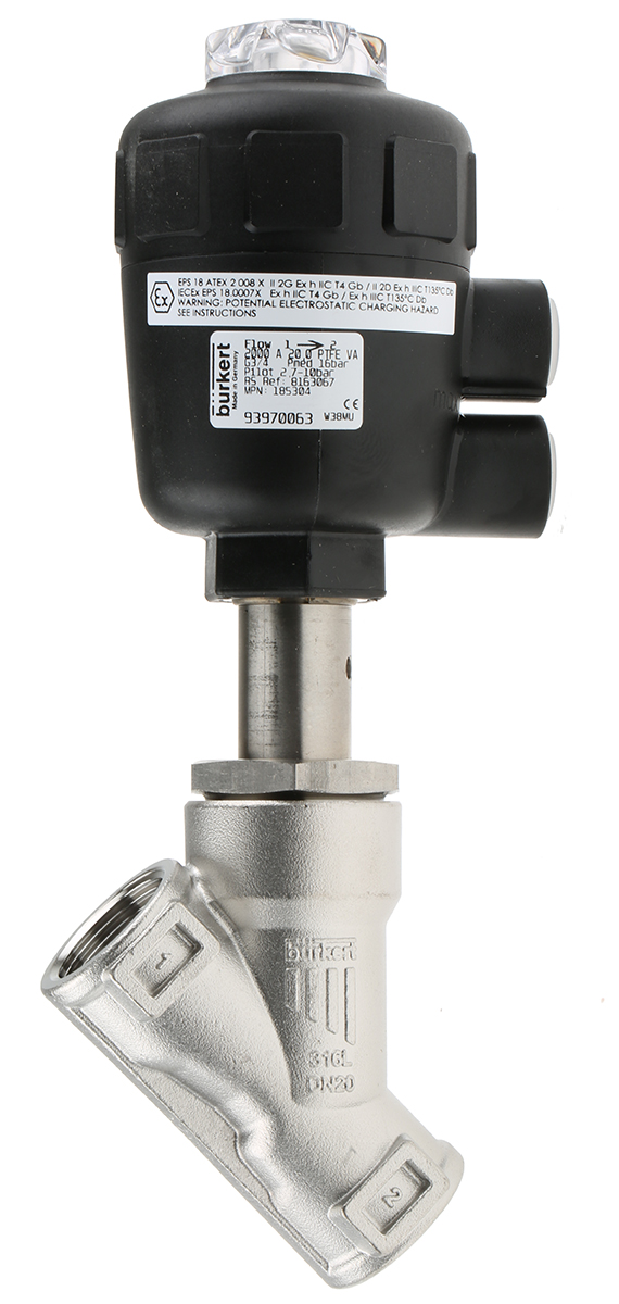 Burkert Angle type Pneumatic Actuated Valve, 16 bar 3/4 in