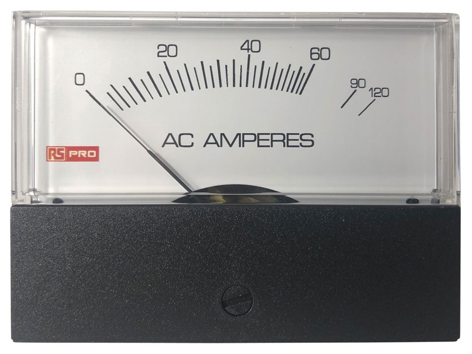 RS PRO Analogue Panel Ammeter 60 A AC, 76 mm x 74 mm, ±1.5 % High Torque Pivot and Jewel Moving Coil and Moving Iron