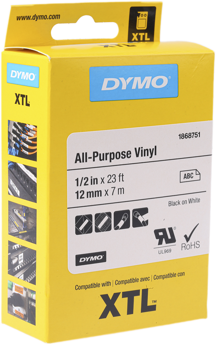 1868751 Dymo XTL Black on White Label Printer Tape, 7 m Length, 12 mm Width, 5.5 m Label Length