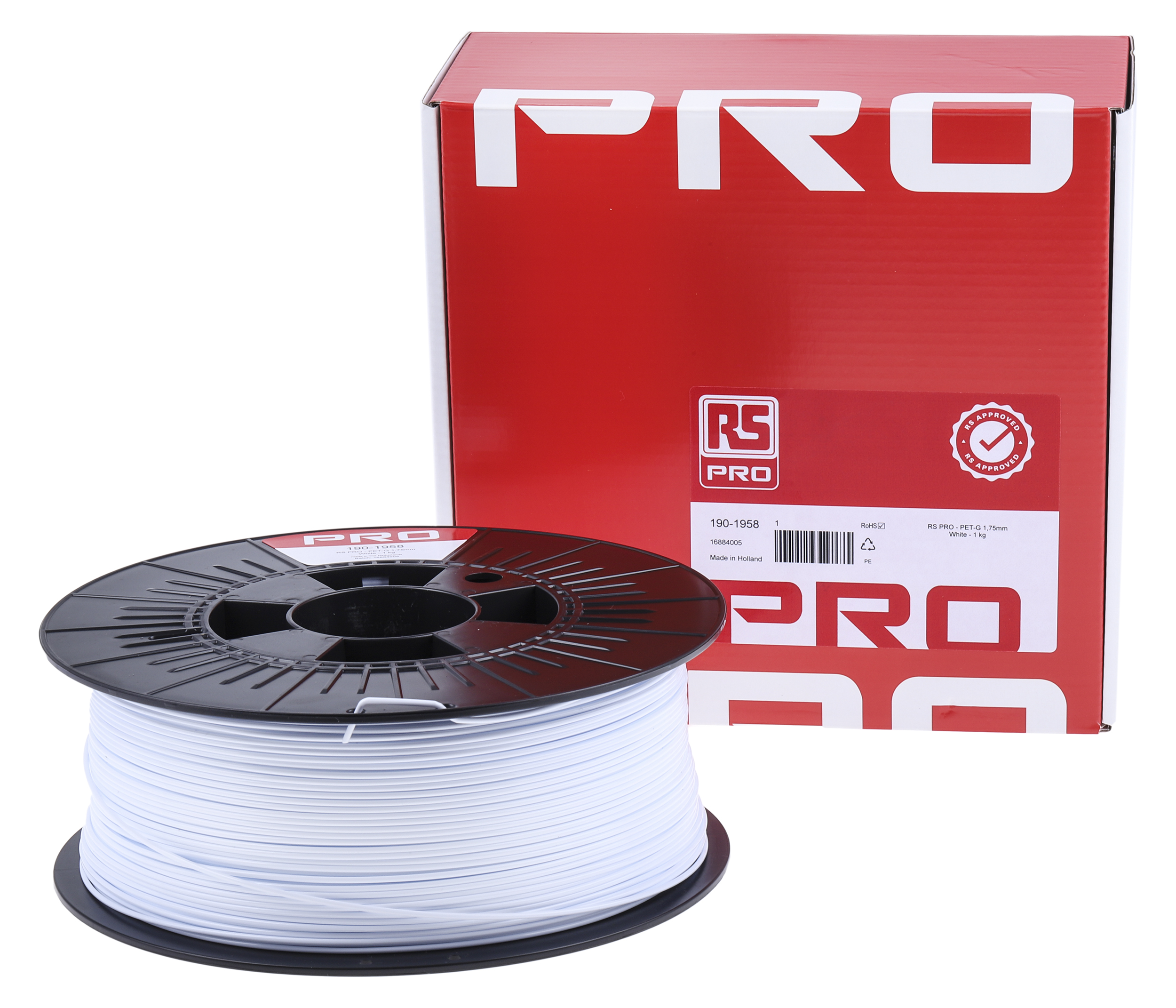 190-1958 RS PRO 1.75 mm White PET-G 3D Printer Filament, 1 kg