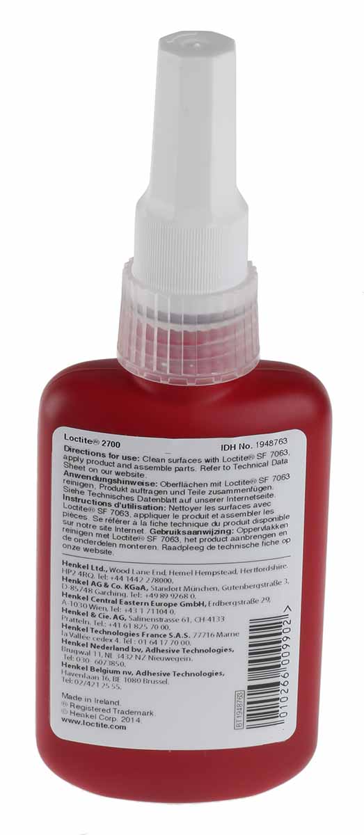 1948762 Loctite Loctite 2700 Green Threadlocking Adhesive, 50 ml Bottle, 24 h Cure Time