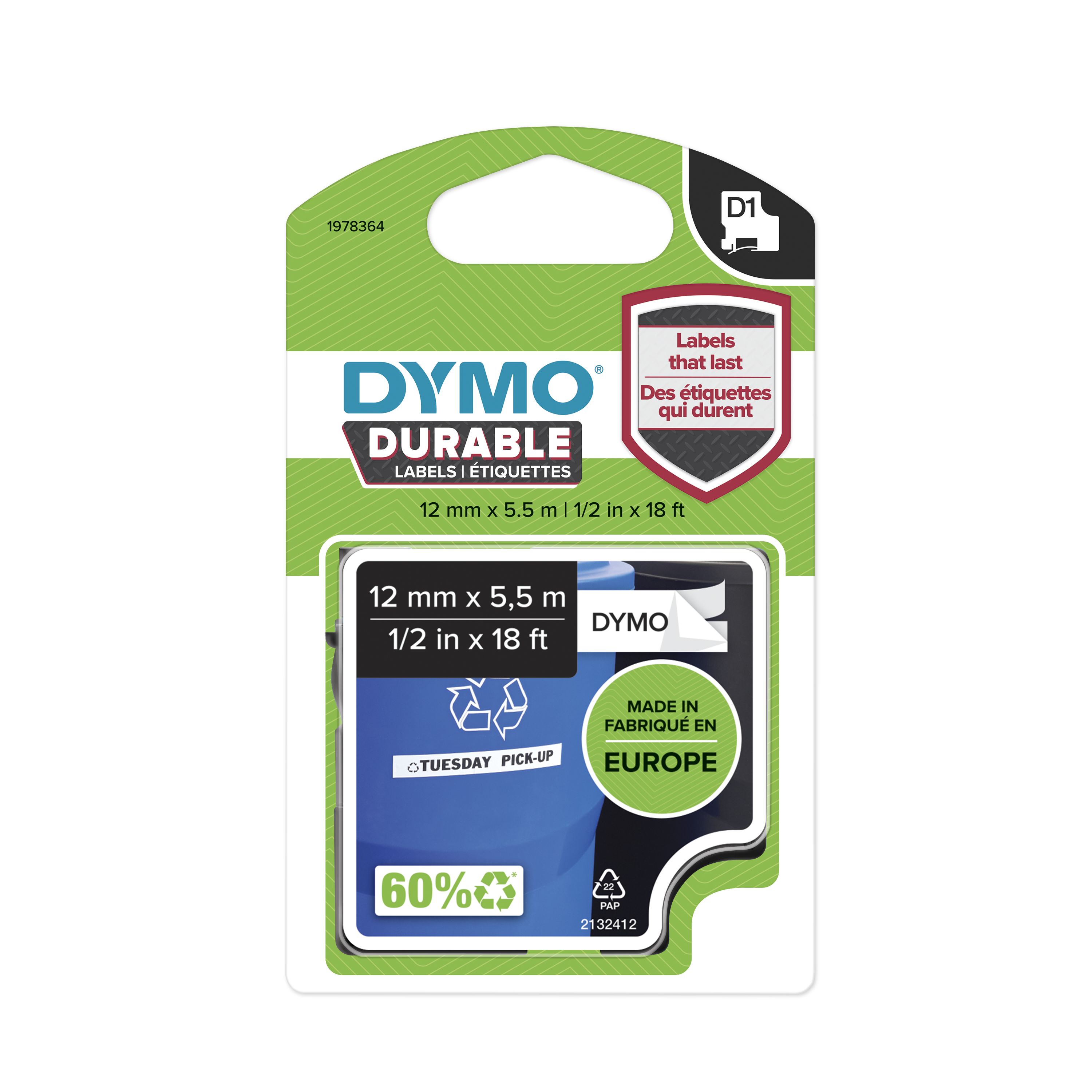 Dymo Black on White Label Printer Tape, 5.5 mm Length, 12 mm Width, 5.5 m Label Length, 12 mm Label Width