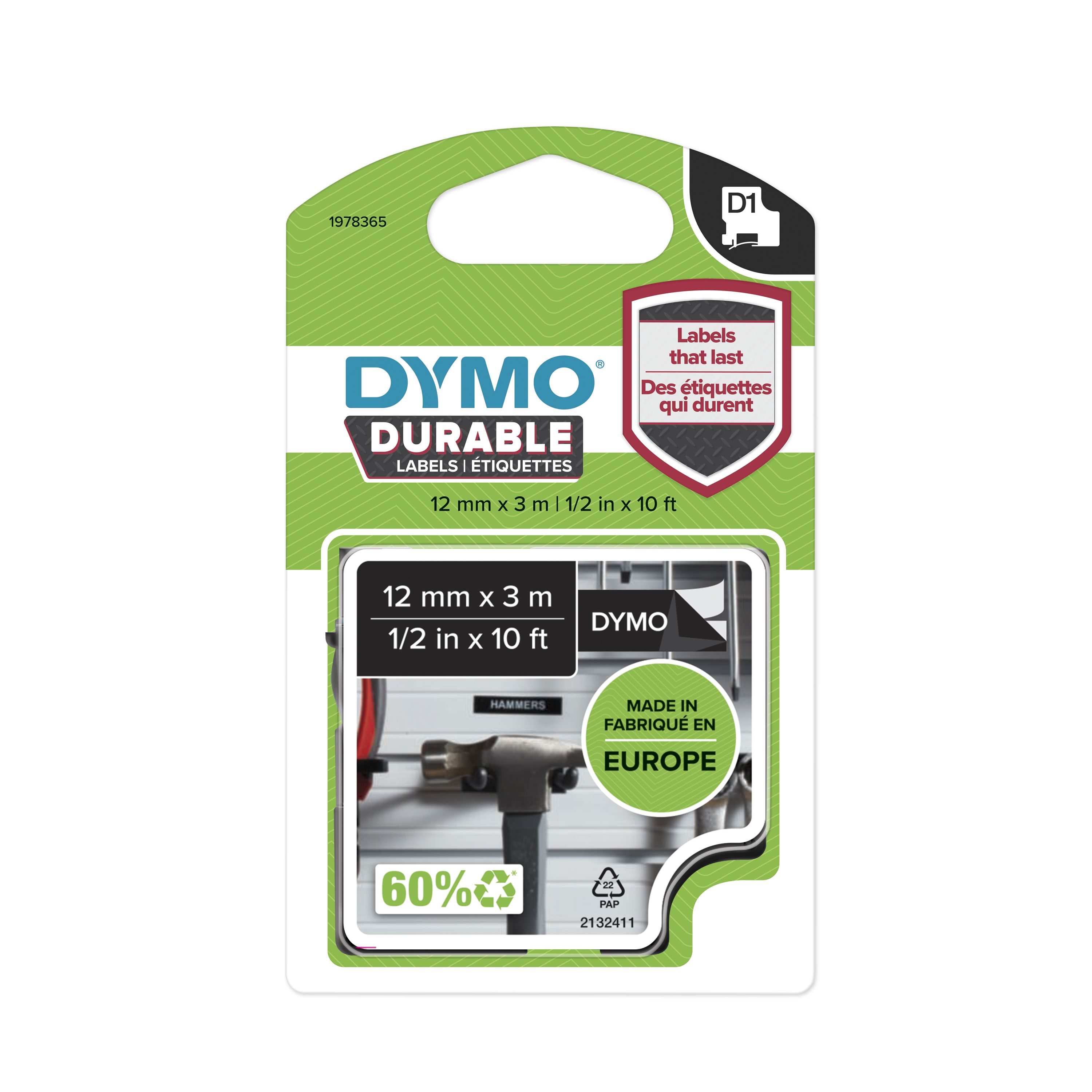 Dymo White on Black Label Printer Tape, 3 m Length, 12 mm Width, 7 m Label Length, 12 mm Label Width