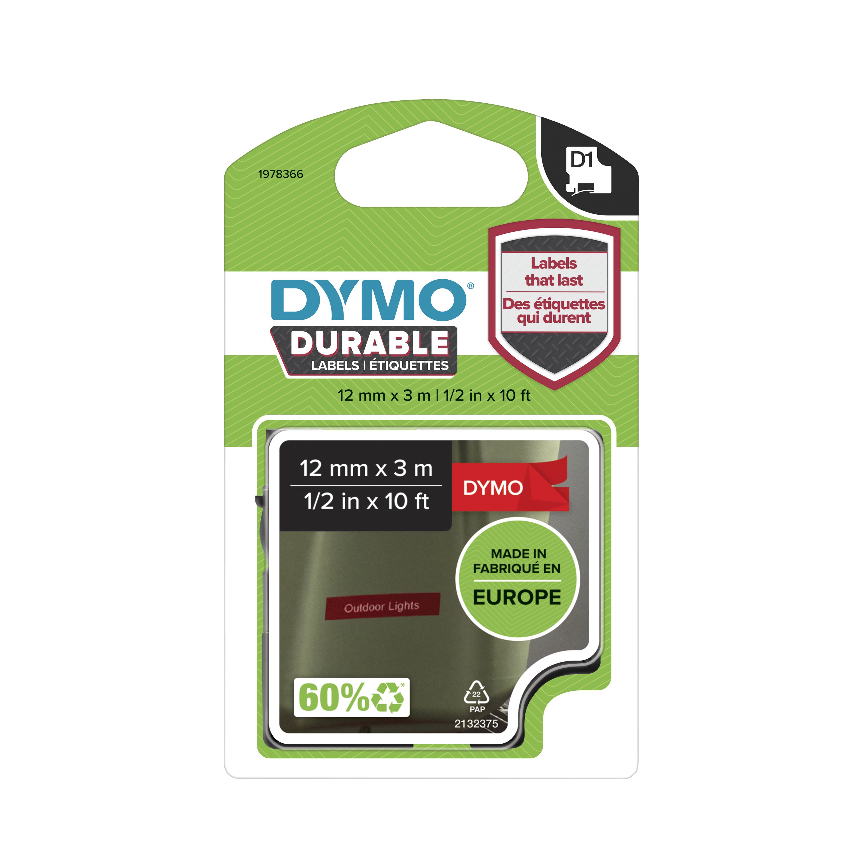 Dymo White on Red Label Printer Tape, 3 m Length, 12 mm Width, 7 m Label Length, 12 mm Label Width