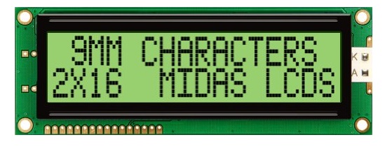 Midas MC21609A6W-GPTLY-V2 MC21609A6W Alphanumeric LCD Display, Black on Yellow/Green, 2 Rows by 16 Characters,