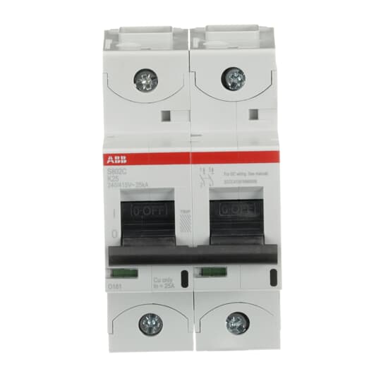 ABB S802C MCB, 2P, 25A Curve K, 415V AC, 25 kA Breaking Capacity
