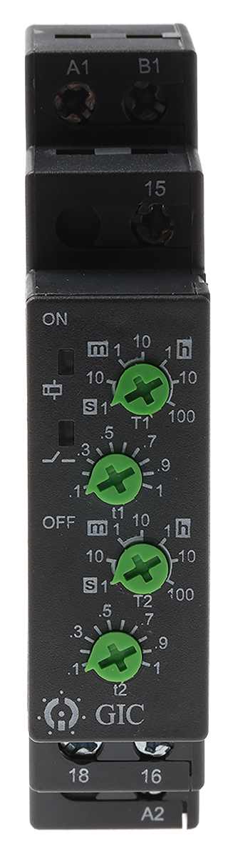 GIC 1CJ Series DIN Rail Timer Relay, 1-Contact, 240 V dc 12V ac, 240 V ac, 0.1 s to 100 h, Multifunction-Function, SPDT