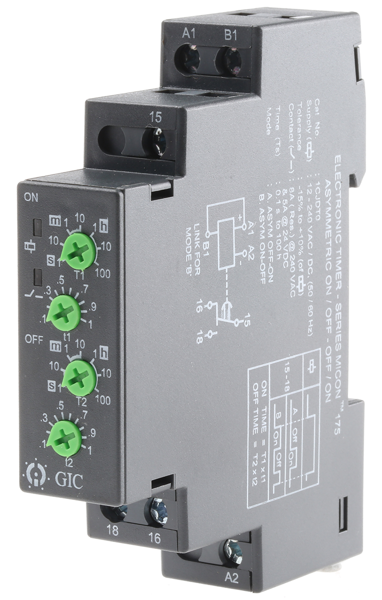1cjdt0 GIC 1CJ Series DIN Rail Timer Relay, 1-Contact, 240 V dc 12V ac, 240 V ac, 0.1 s to 100 h, Multifunction-Function, SPDT
