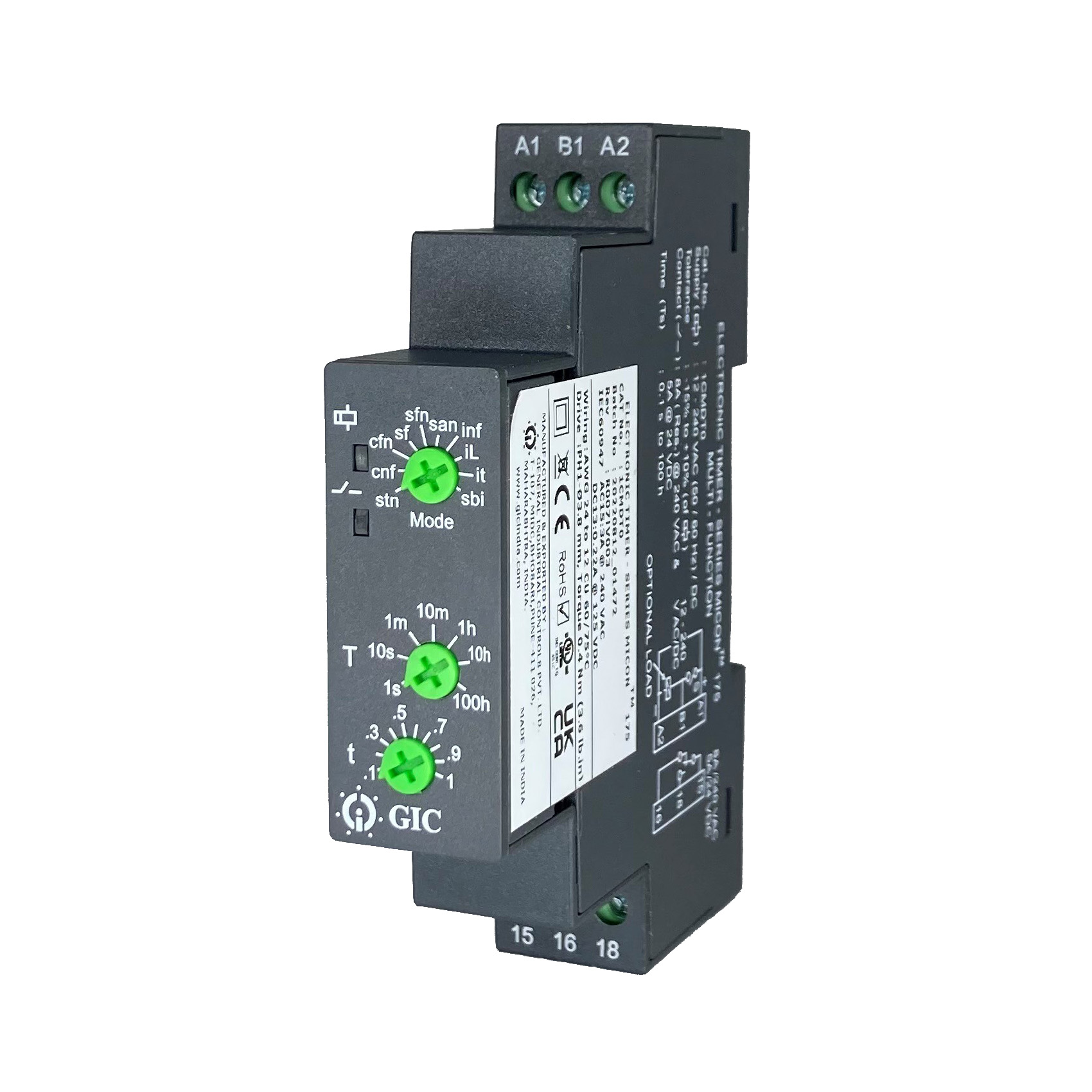 GIC 1CJ Series DIN Rail Timer Relay, 1-Contact, 240 V dc 12V ac, 240 V ac, 0.1 s to 100 h, Multifunction-Function, SPDT