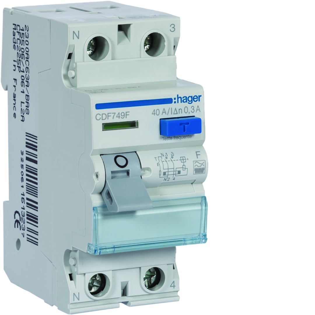 Hager CDF RCCB, 40A, 2 Pole, 30mA, Type F, 230V ac