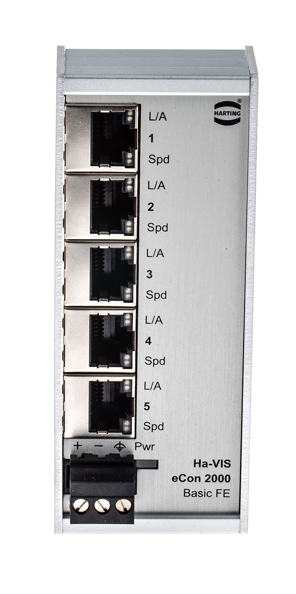 HARTING DIN Rail Mount Industrial Ethernet Switch, 5 RJ45 Ports, 10/100Mbit/s Transmission, 24V dc