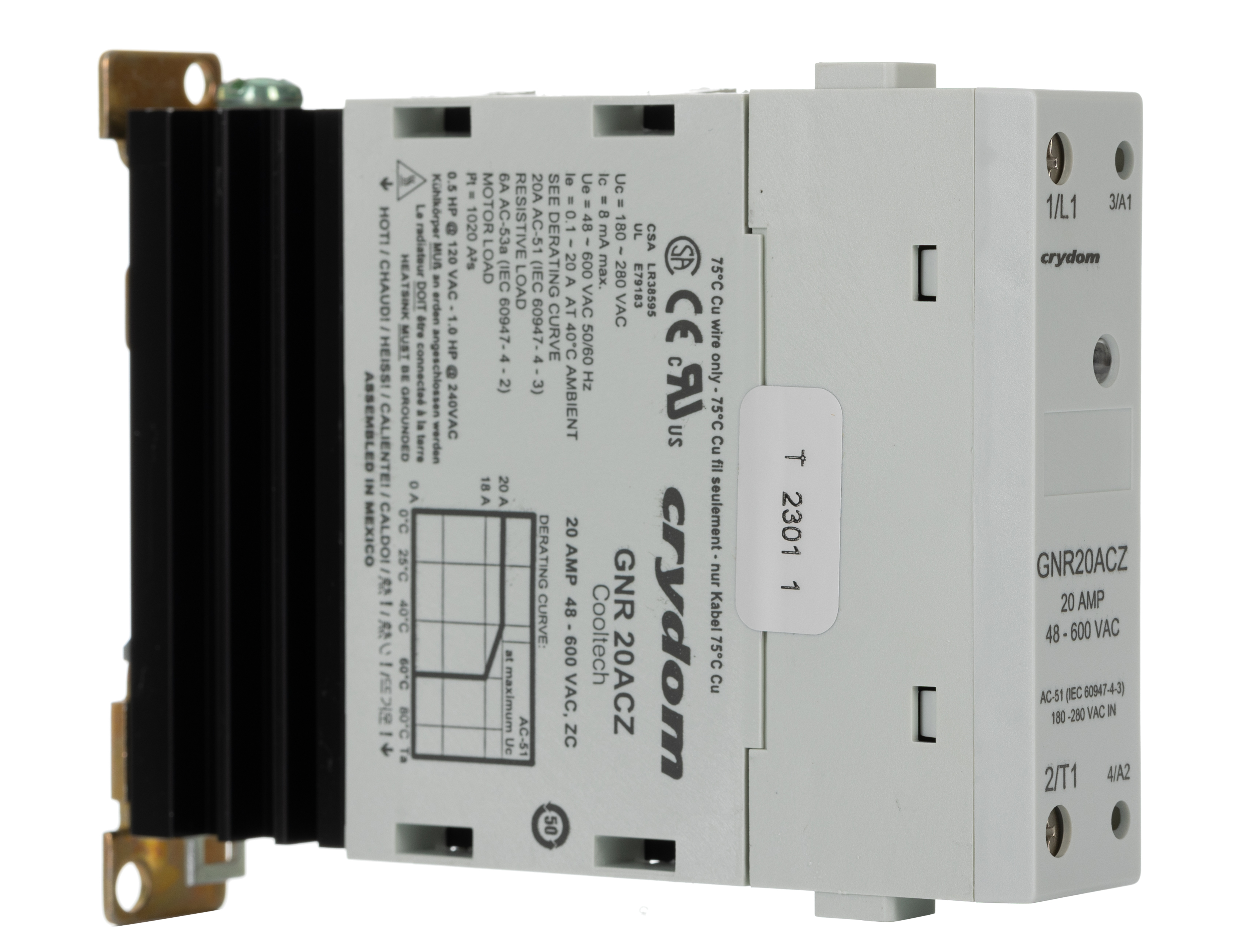 Sensata / Crydom GNR Series Solid State Relay, 20 A rms Load, DIN Rail Mount, 600 V rms Load, 260 V ac Control
