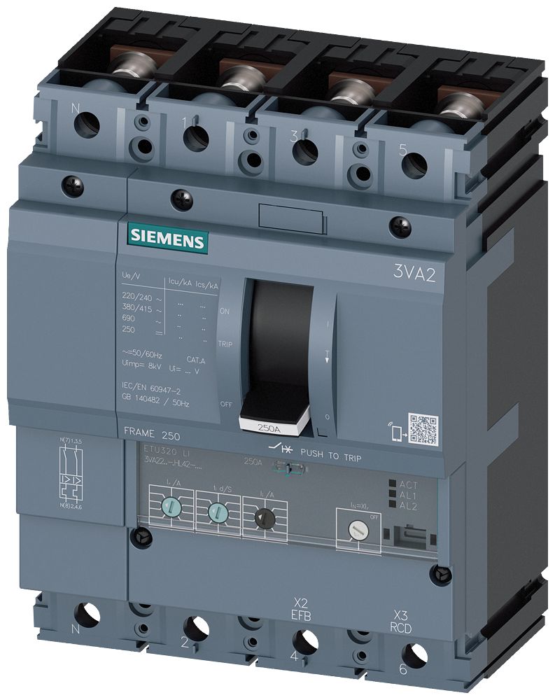 Siemens, SENTRON Circuit breaker 4P 250A, DIN Rail Mount