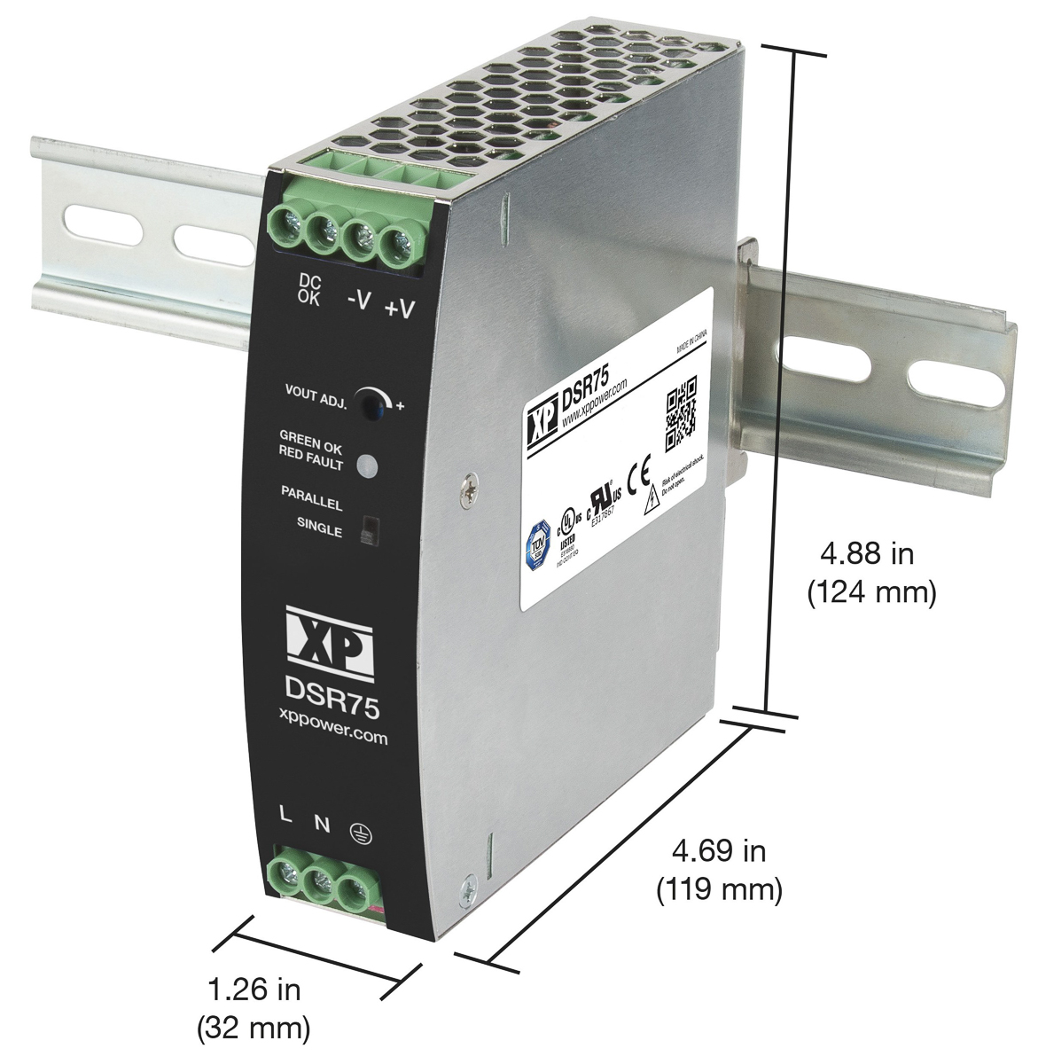 XP Power DSR75 Switched Mode DIN Rail Power Supply, 85 → 264V ac ac Input, 24V dc dc Output, 3.2A Output, 75W