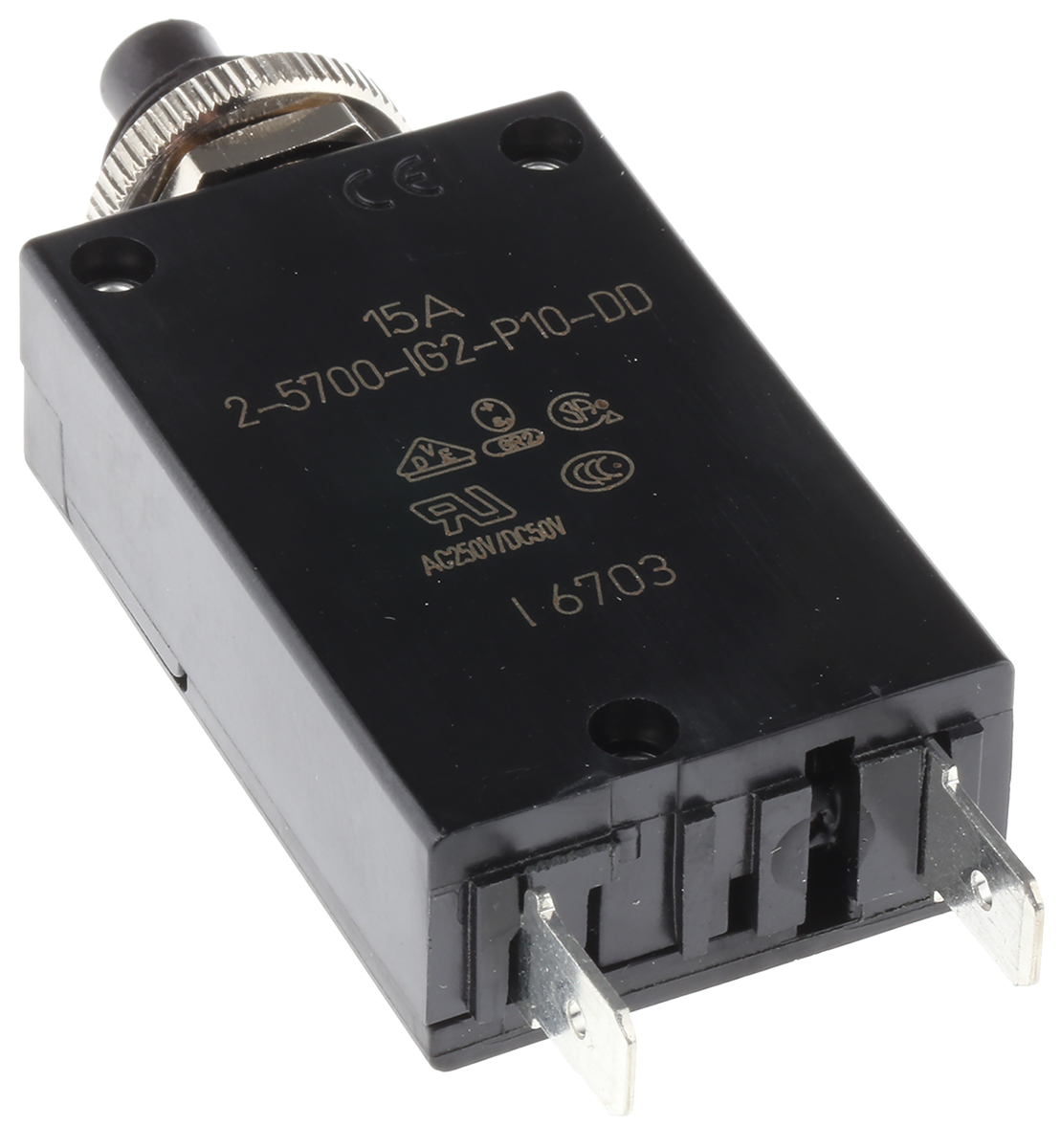 ETA 2 5700 Thermal Circuit Breaker - 1-Pole, Panel, 15A Current Rating, 25 A, 250V ac, 50 V dc