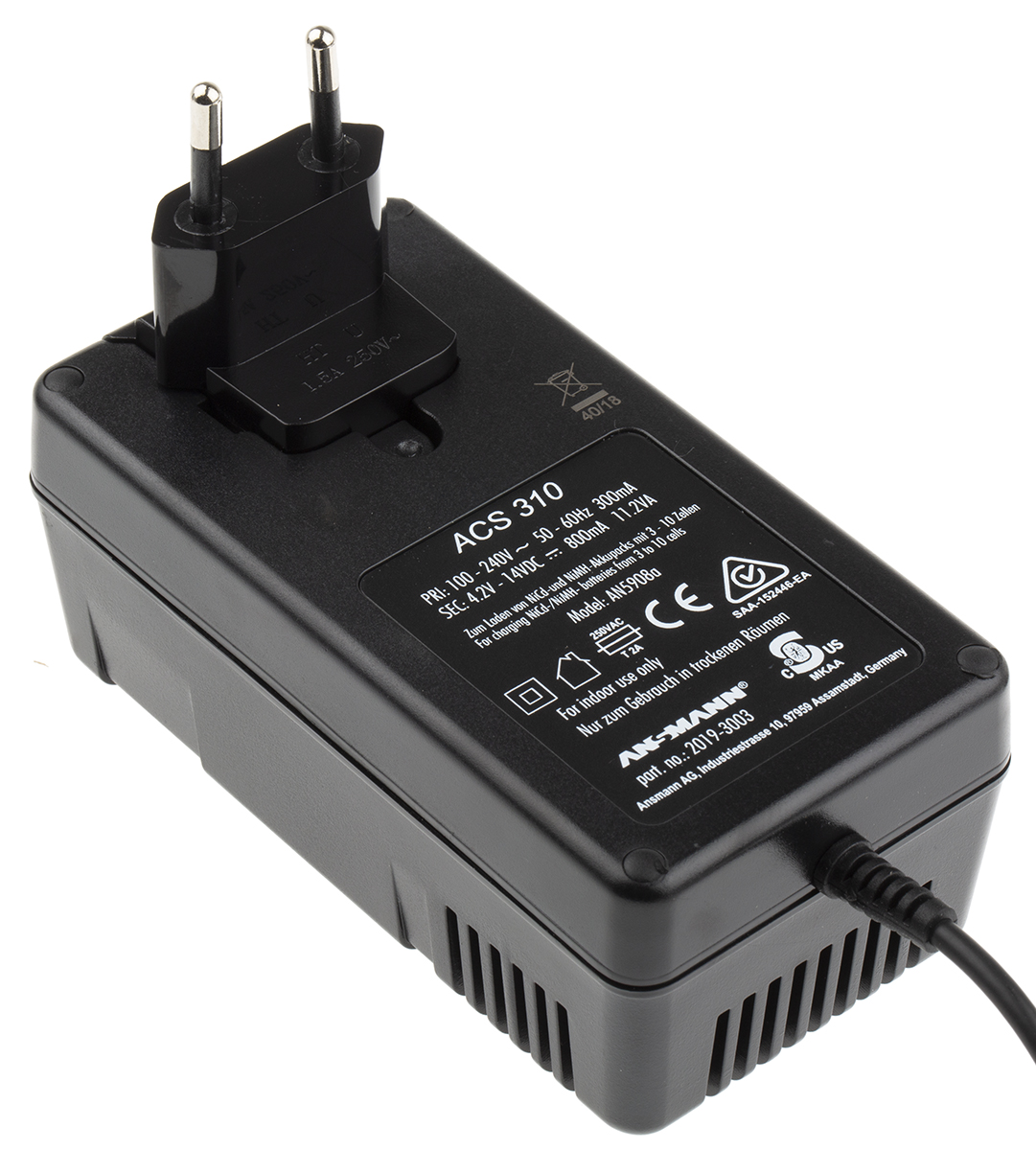 Ansmann ACS 310 Battery Pack Charger For 14V, 4.2 V, NiCd, NiMH 800 mA, Battery Pack with AUS, UK, EU, US plug, 10