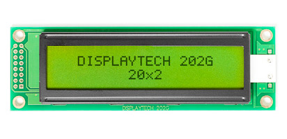 Displaytech 202G BC BW 202 g Alphanumeric LED LCD Monochrome Display, Green, Yellow on Green, 2 x 16