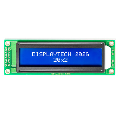 Displaytech 202G CC BC-3LP 202 g Alphanumeric LED LCD Monochrome Display, White on Blue, 20 Characters X2 Lines