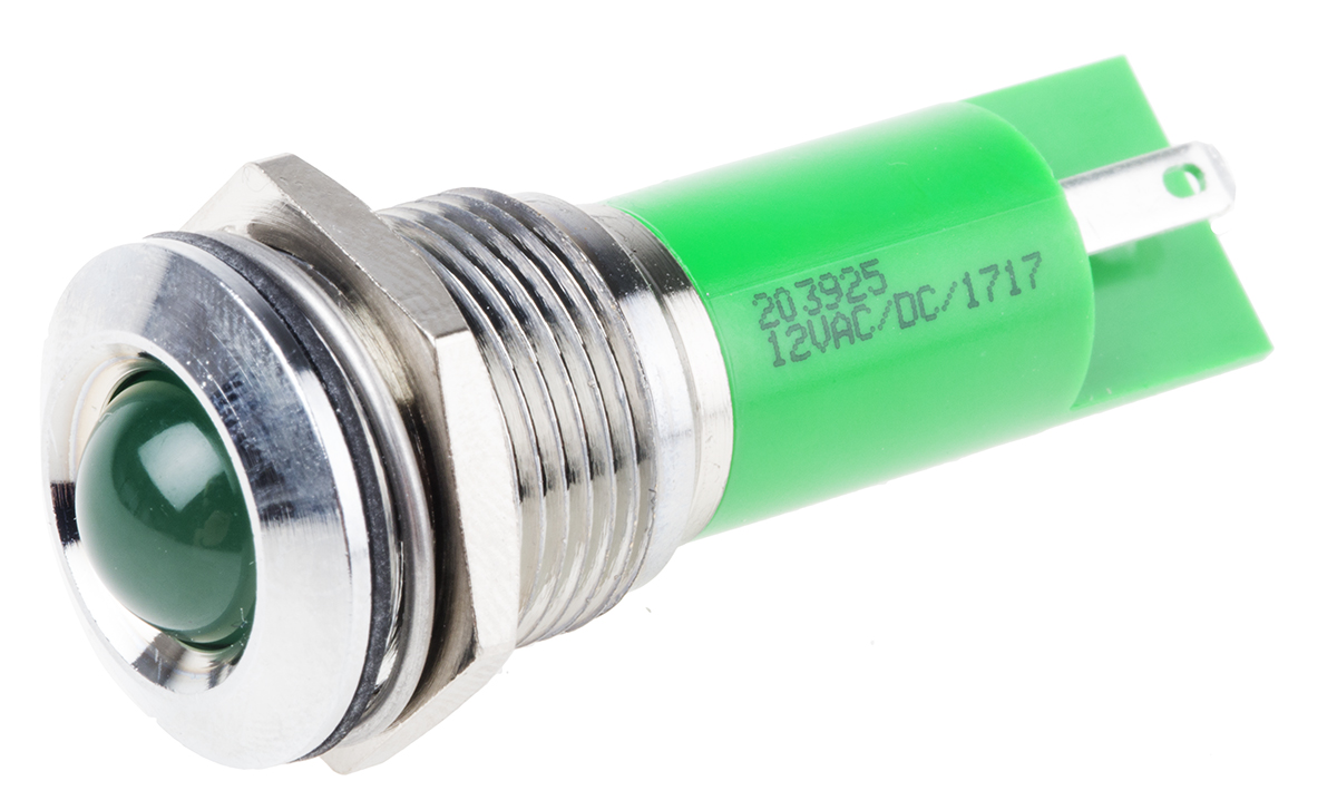 RS PRO Green Panel Mount Indicator, 12V ac/dc, Solder Tab Termination
