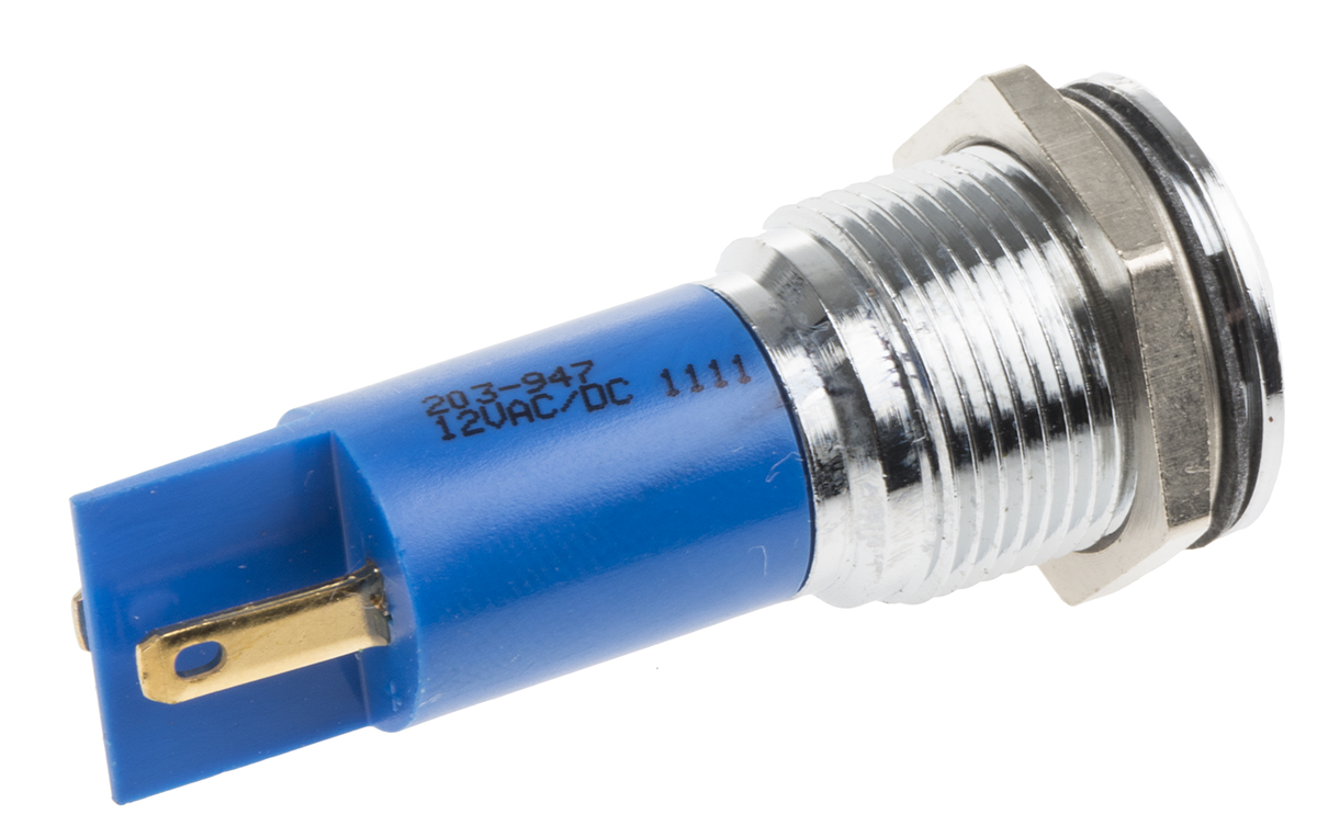 203-947 RS PRO Blue Panel Mount Indicator, 12V ac/dc, Solder Tab Termination