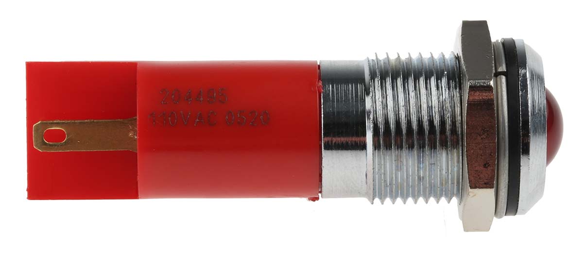204-495 RS PRO Red Panel Mount Indicator, 110V ac, Solder Tab Termination, IP67
