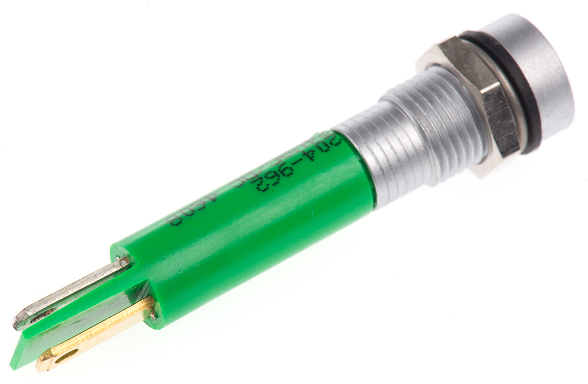 204-962 RS PRO Green Panel Mount Indicator, 24V ac/dc, Solder Tab Termination, IP67