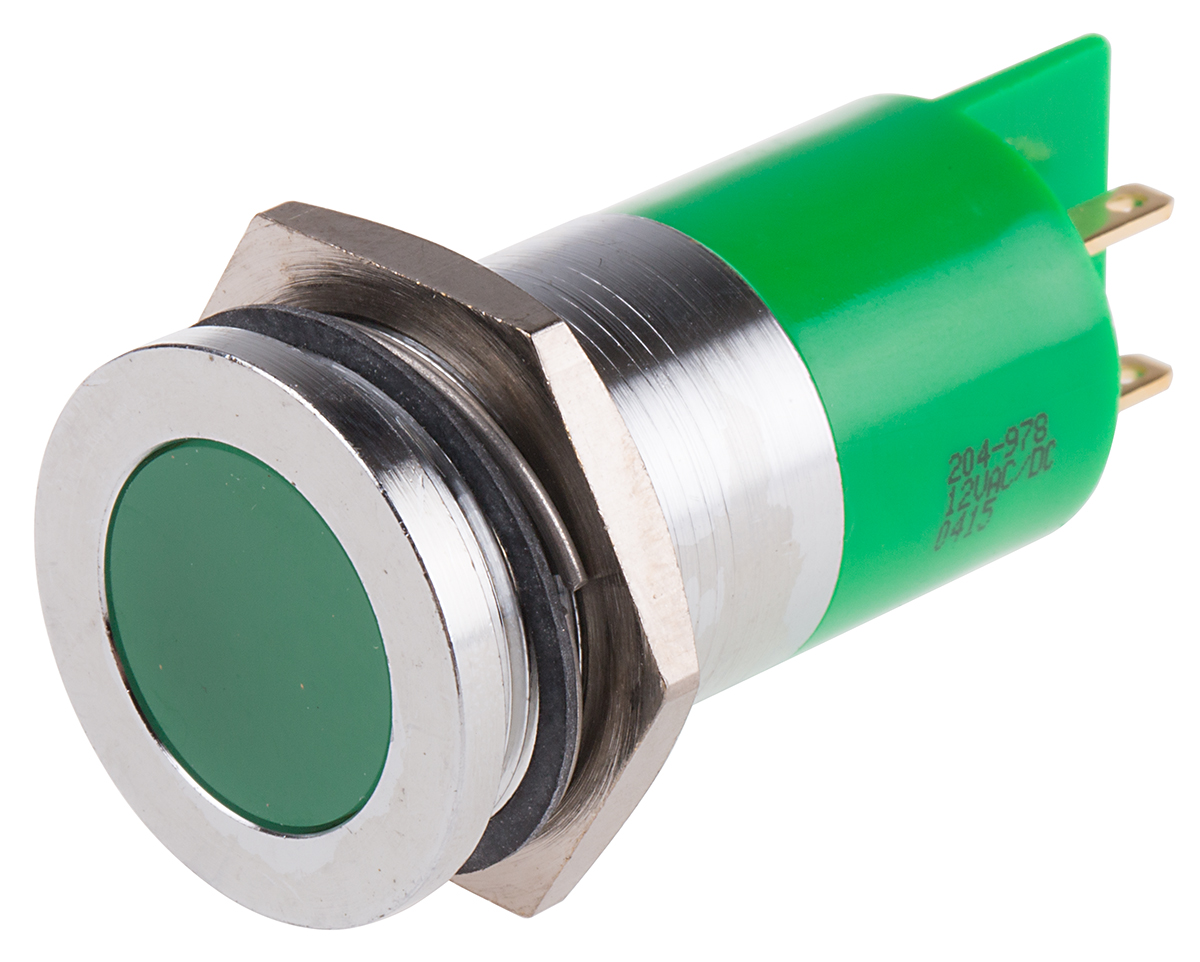 RS PRO Green Panel Mount Indicator, 12V ac/dc, Solder Tab Termination