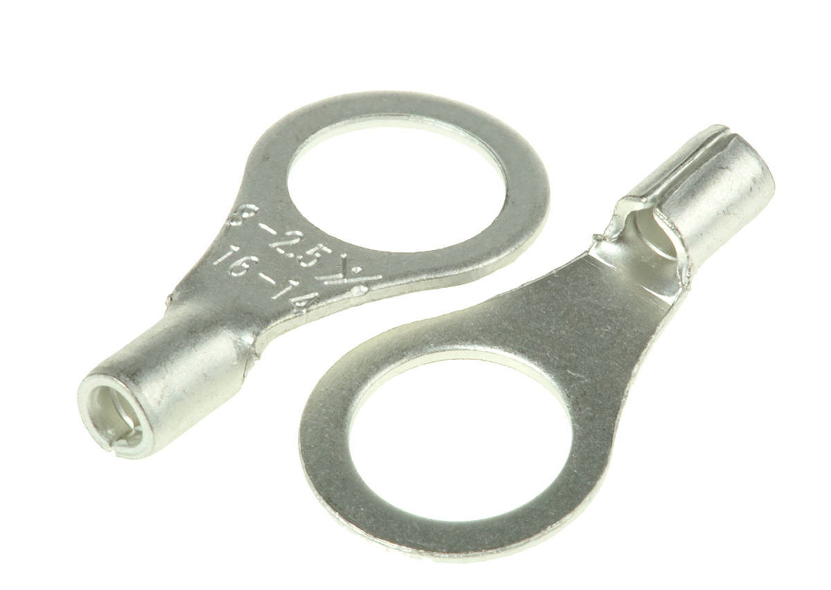 RS PRO Uninsulated Fork Terminal, 16 AWG to 14 AWG, M8 Stud Size, Silver