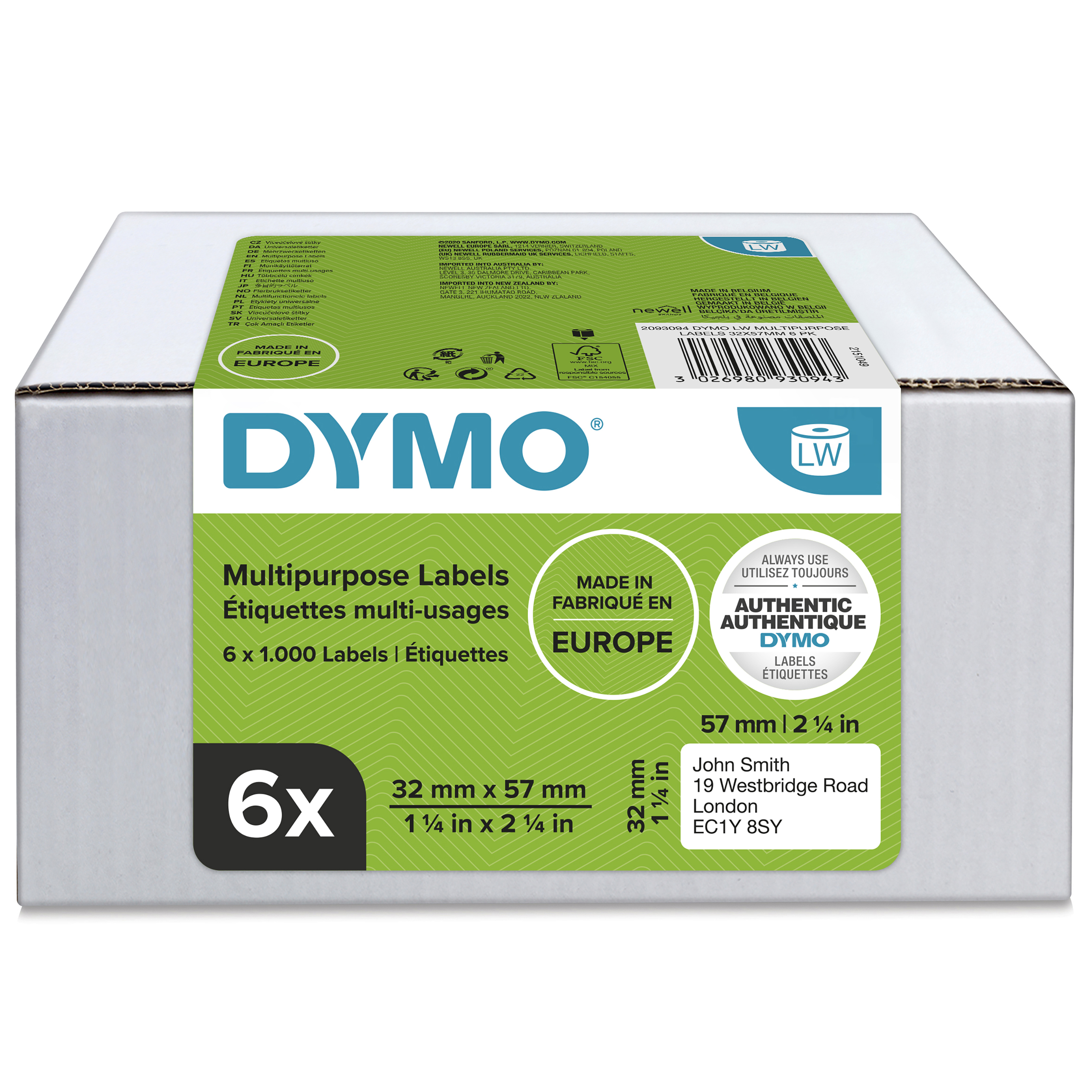 Dymo White Label Roll, 57 mm Width, 1000 Per Pack Qty, 57 mm