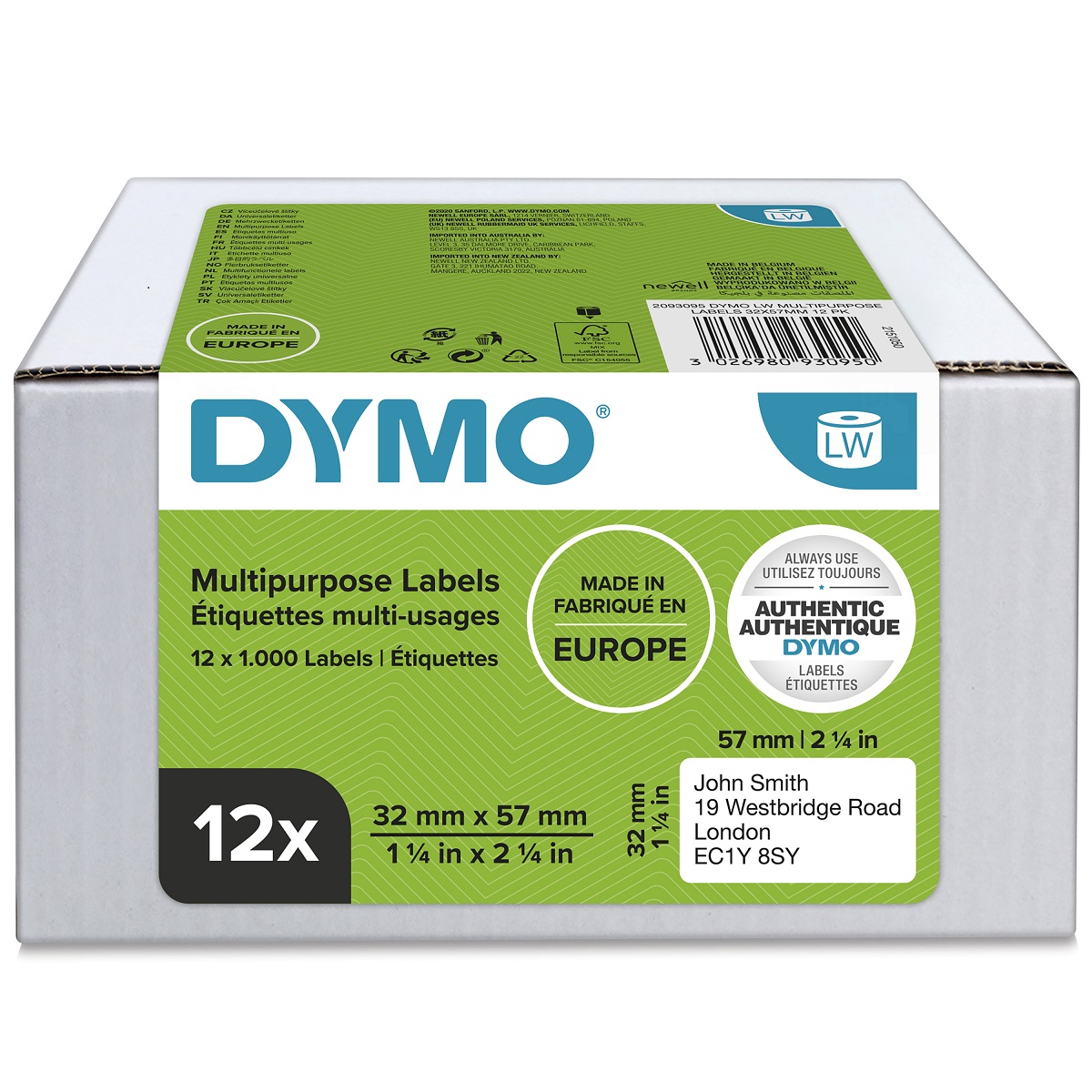 Dymo White Black Print Label, 32 mm Width, 1000 Per Roll Qty, 57 mm
