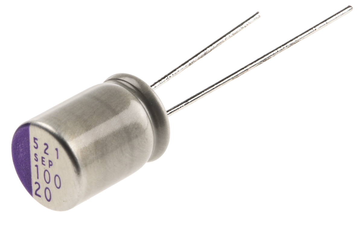 20sep100m Panasonic 100 μF Through Hole Polymer Capacitor, 20V dc