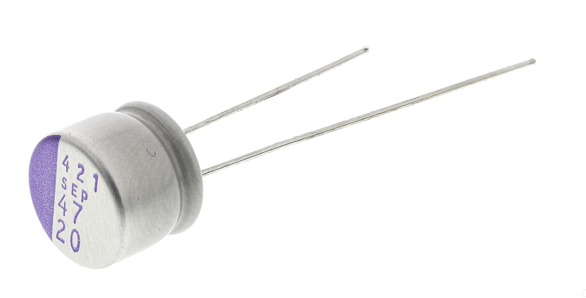 Panasonic 47 μF Through Hole Polymer Capacitor, 20V dc