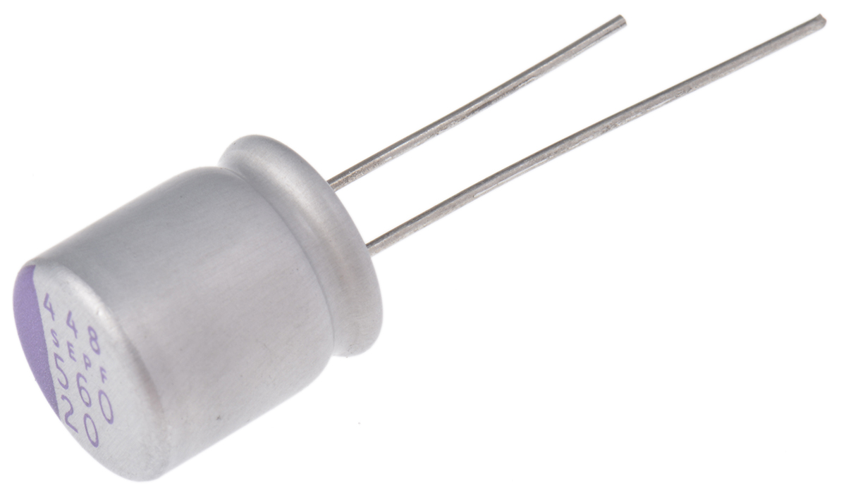 Panasonic 560 μF Through Hole Polymer Capacitor, 20V dc