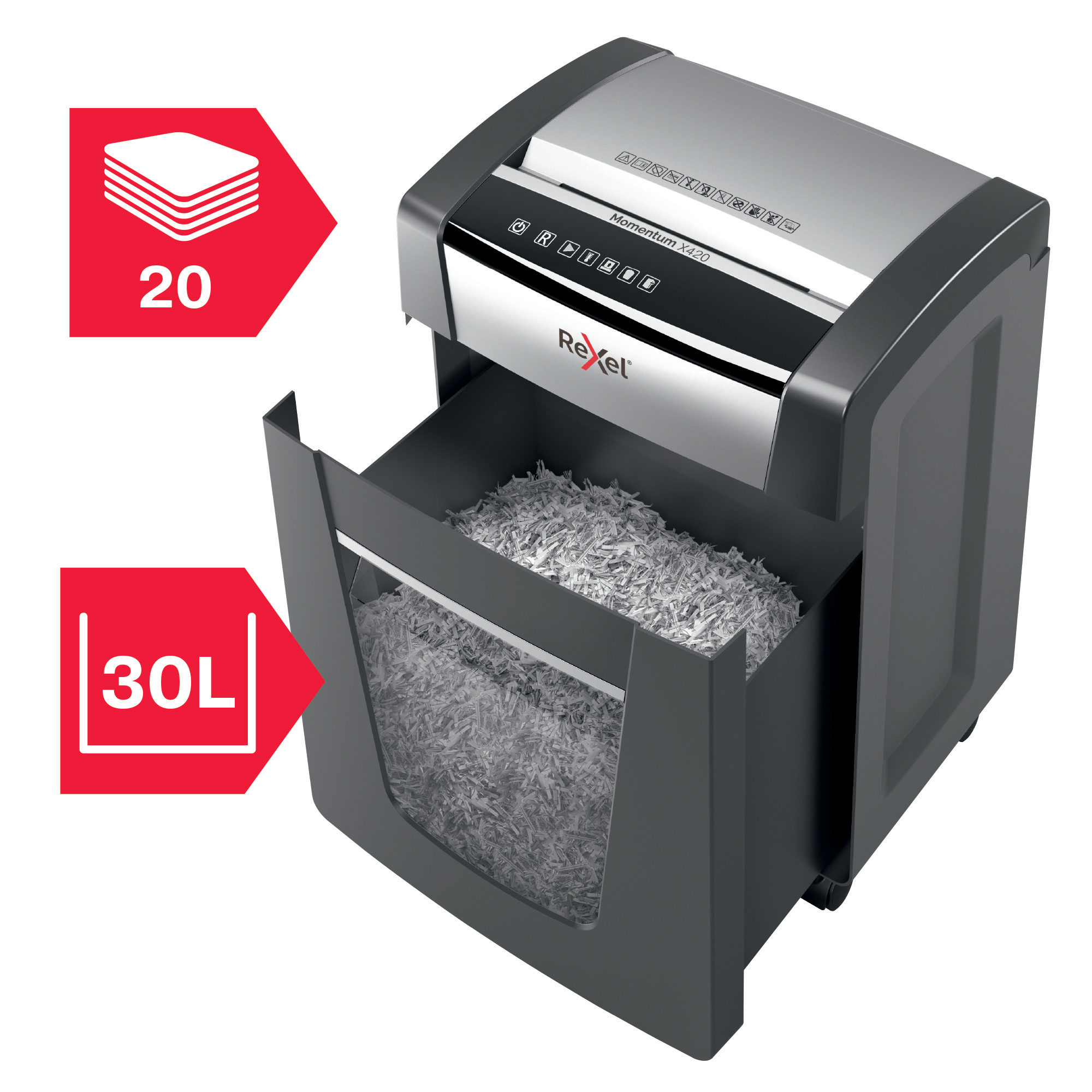2104578eu Rexel Rexel Momentum X420 30 L Cross Paper Shredder