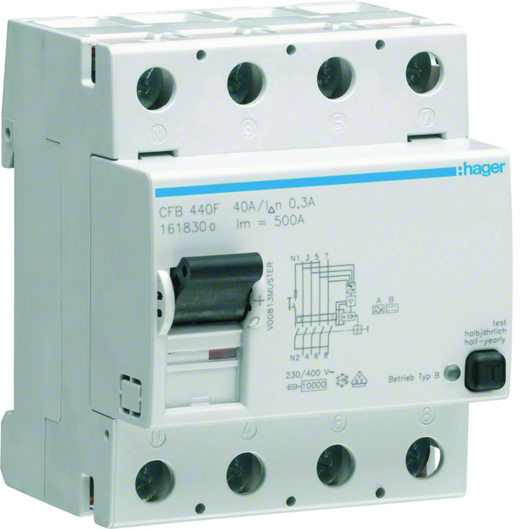 Hager CFB RCCB, 40A, 4 Pole, 300mA, Type B, 230 → 400V ac