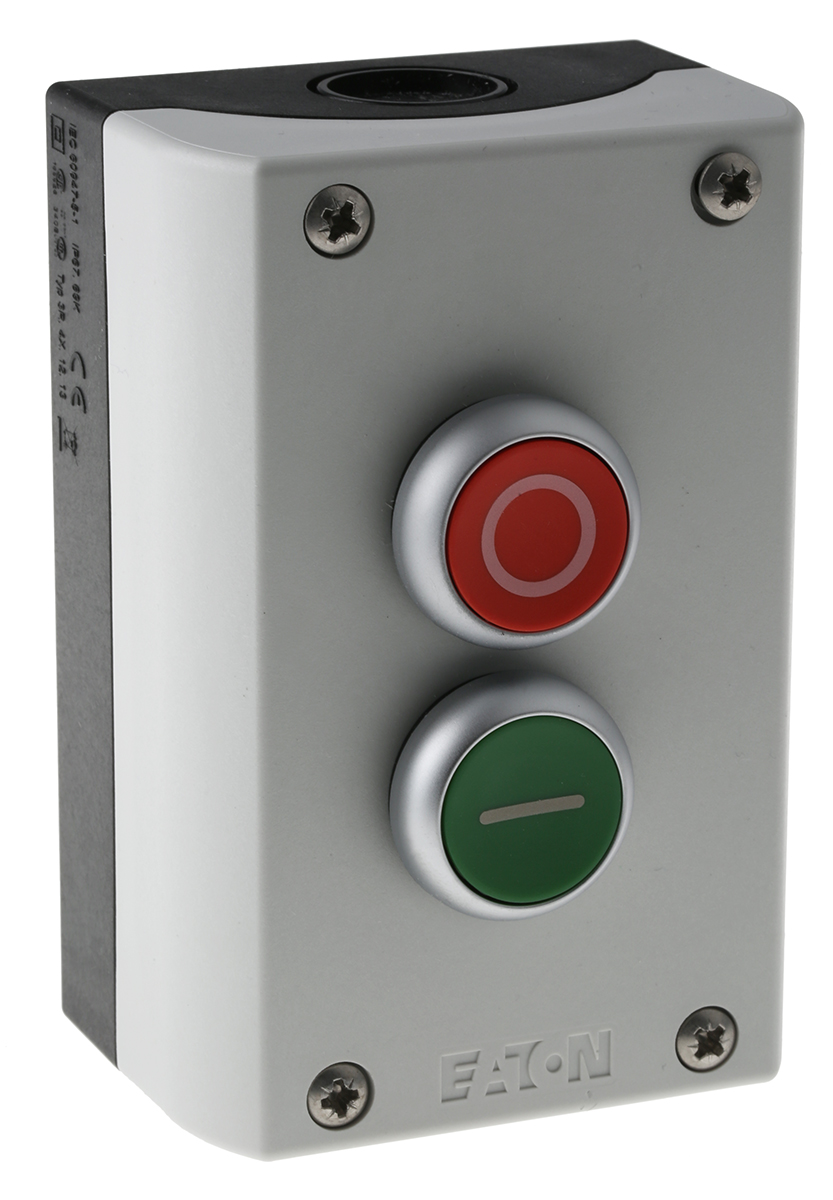 216529-m22-i2-m1 Eaton Momentary Enclosed Push Button - 2 NO/2 NC, Plastic, 2 Cutouts, Red, Green, O/I, IP67