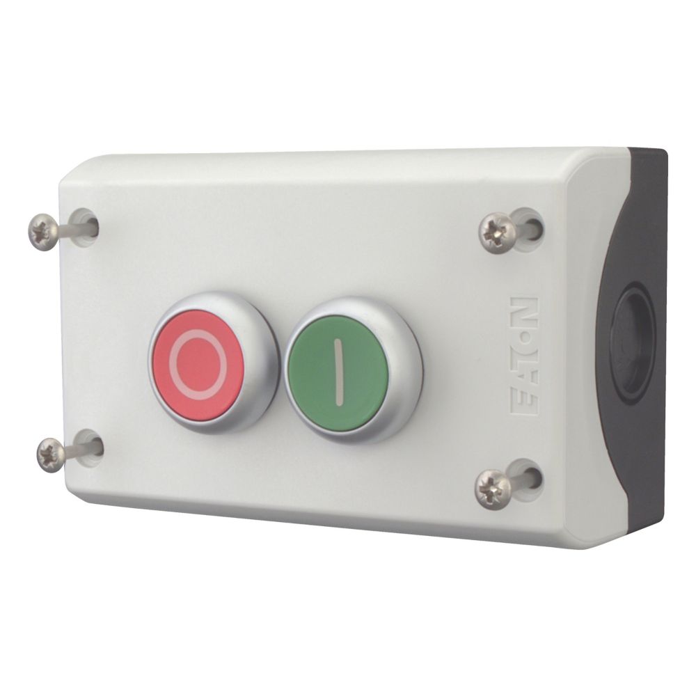 216529-m22-i2-m1 Eaton Momentary Enclosed Push Button - 2 NO/2 NC, Plastic, 2 Cutouts, Red, Green, O/I, IP67