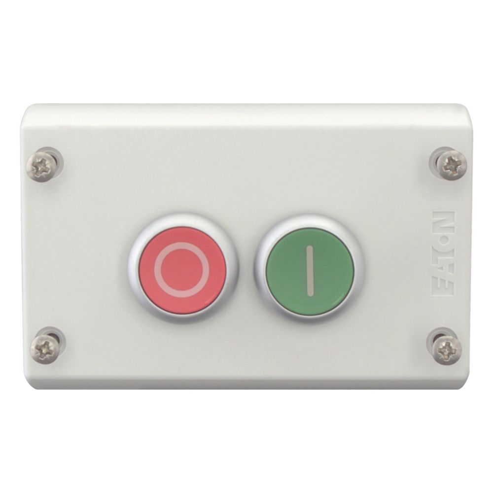 216529-m22-i2-m1 Eaton Momentary Enclosed Push Button - 2 NO/2 NC, Plastic, 2 Cutouts, Red, Green, O/I, IP67