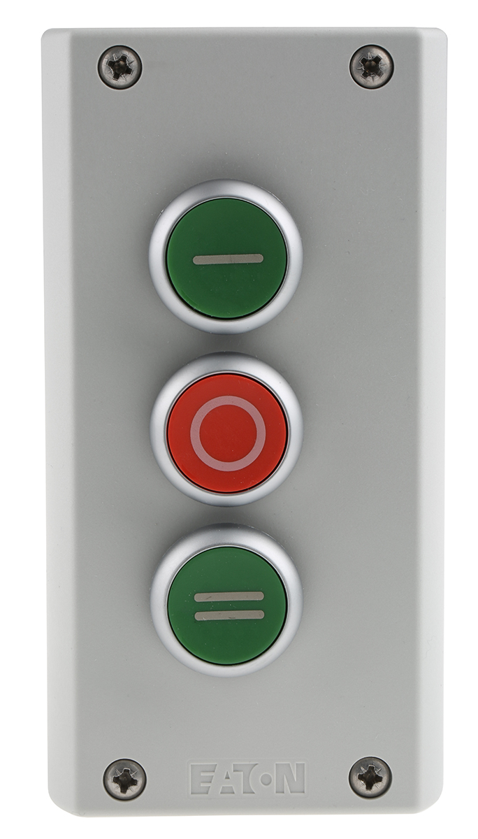 Eaton Momentary Enclosed Push Button - 3 NO/3 NC, Plastic, 3 Cutouts, Green, Red, I/O/II, IP69K