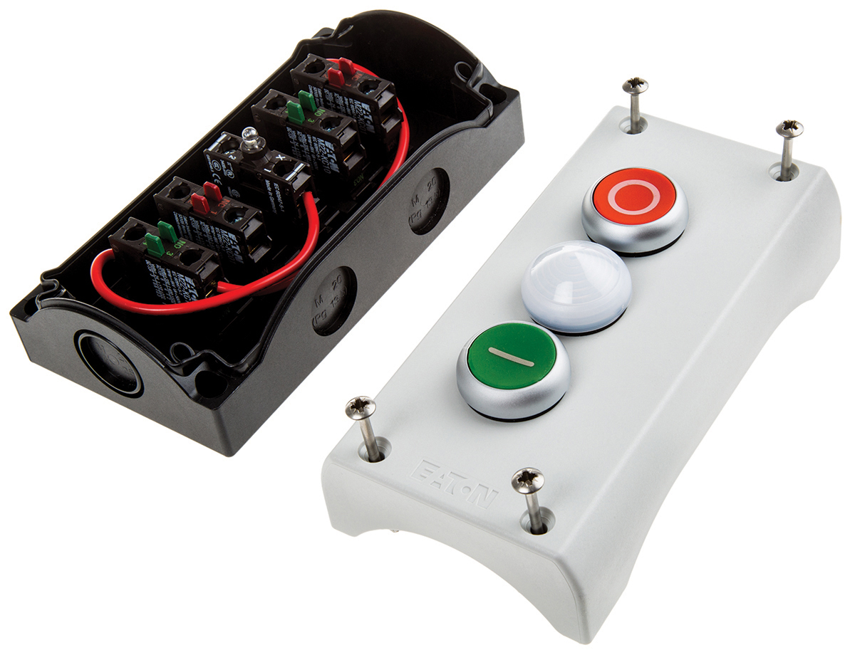 Eaton Momentary Enclosed Push Button - 1 NO/1 NC, Plastic, 3 Cutouts, Green, Red, White, On/Off, IP69K