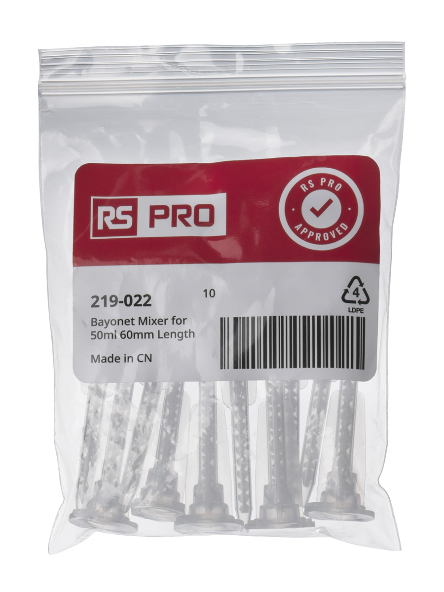 219-022 RS PRO AC Epoxy Mixing Nozzle, 50 ml Bayonet 17 Mixing elements 62.5 mm